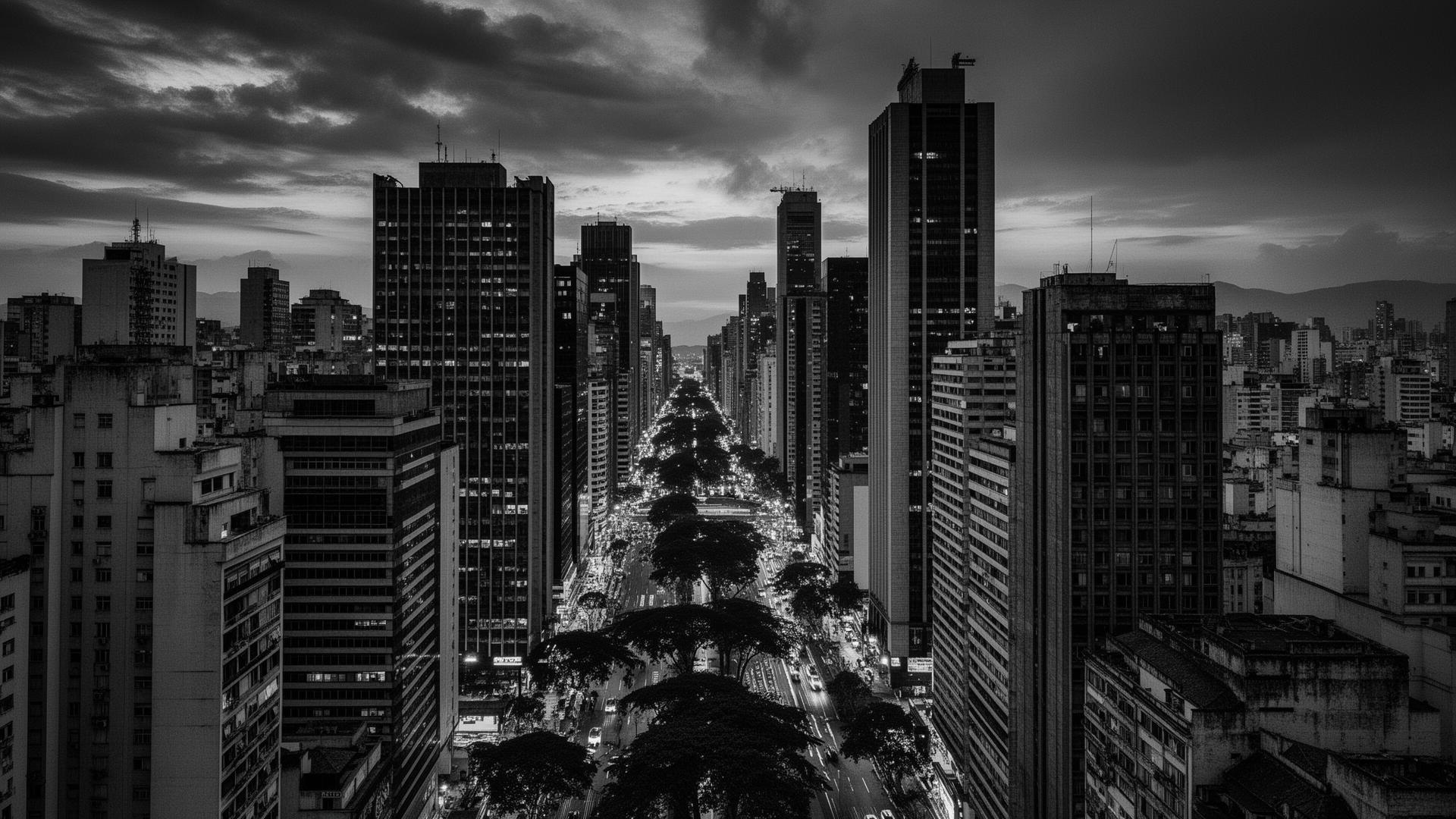 São Paulo financial district skyline at dusk in black and white